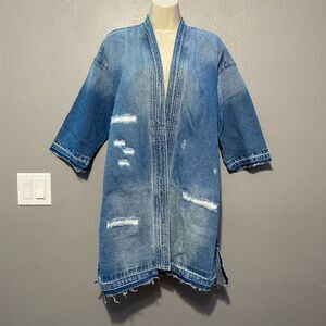 Sandrine Rose Free People Kimono Jean Jacket Blue Distress Raw Hem Pockets XS